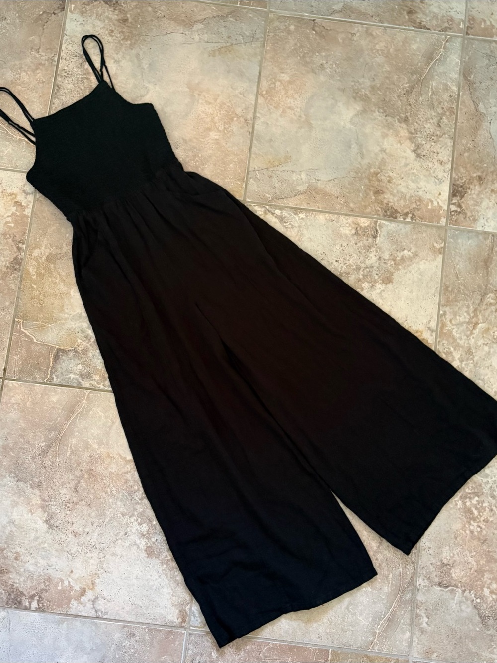 American Eagle Black Smocked Wide Leg Jumper Romper Small Flowy Lightweight Boho